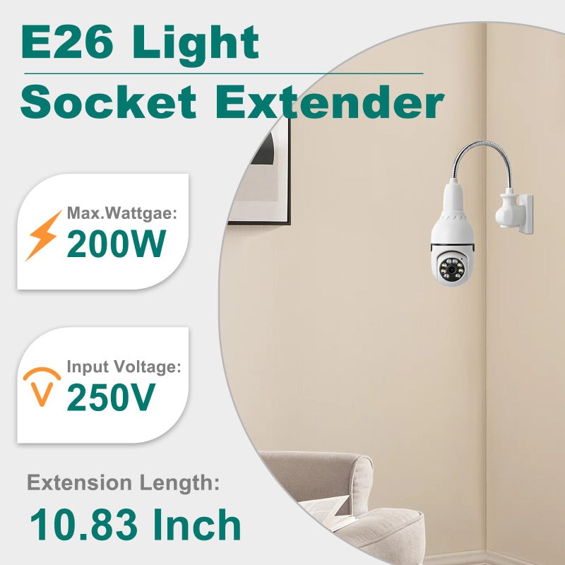 DiCUNO محول مقبس DiCUNO E26 إلى E26 (27.5 سم / 10.83 بوصة)، قاعدة لولبية قياسية، مقاوم للحرارة حتى 165 درجة مئوية، لا خطر من الحريق، أقصى قدرة 200 واط، محول قابل للانحناء لمصباح الإضاءة، عبوة من 2 - Image 2
